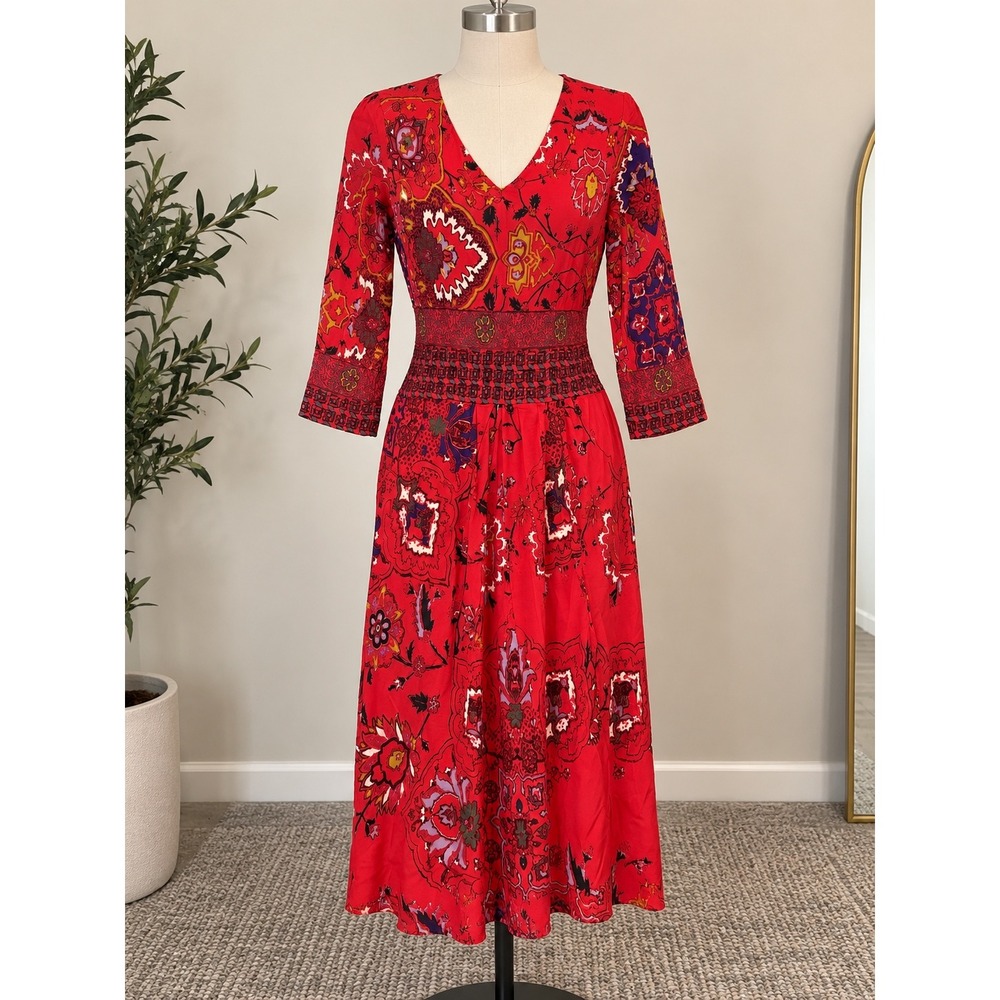 Etro Milano Red Paisley Print Midi Dress Made in Italy IT 44 V-Neck 3/4 Sleeve